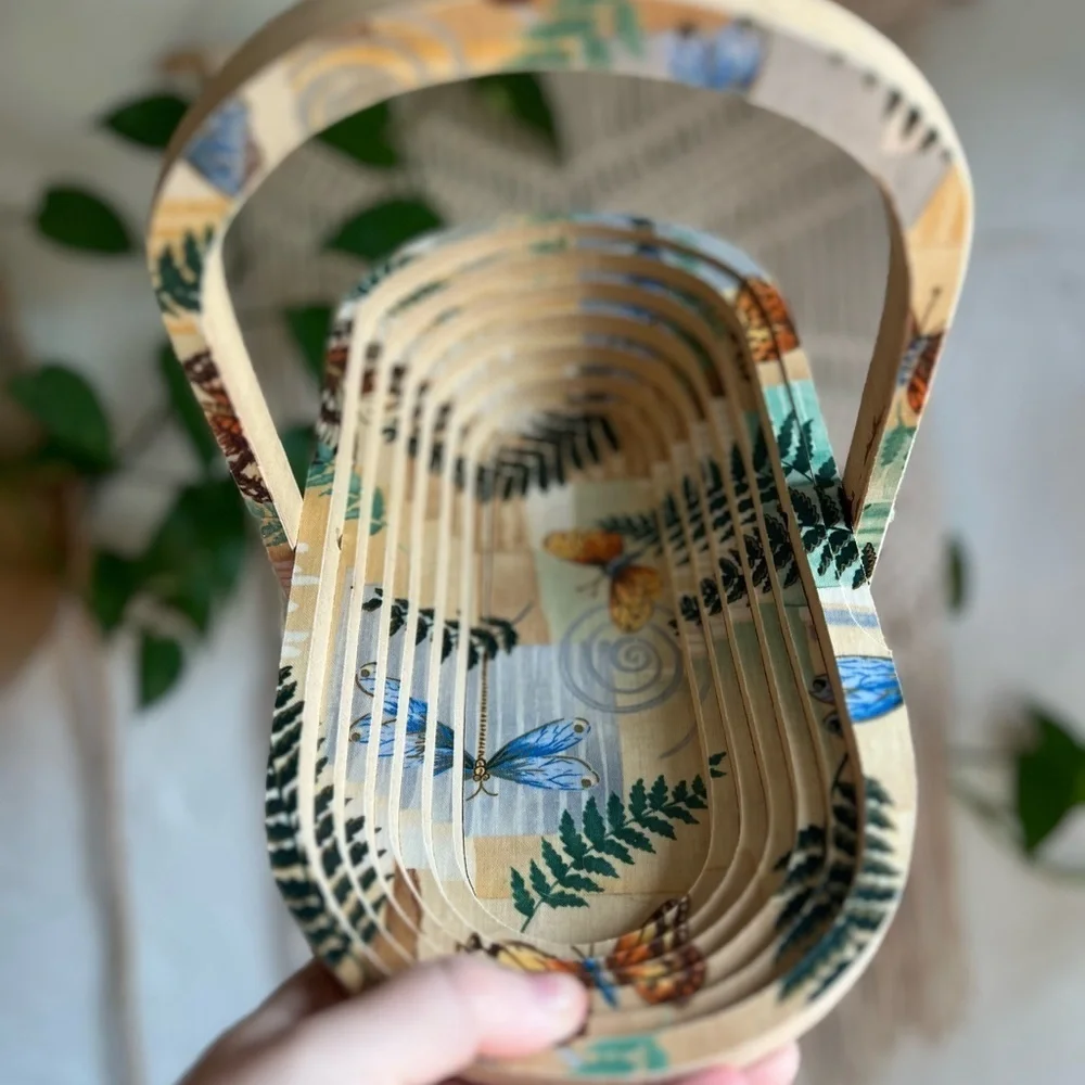 Folding Wooden Basket 12x6” – Butterfly Fern Boho Tray Rustic Cottagecore Decor